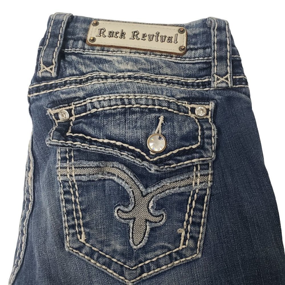 Rock Revival Kai Distressed Jeans Slim Boot Embellished Low Rise Denim Womens 30